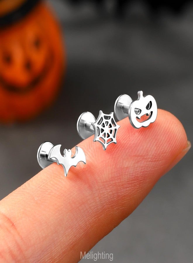 Melighting MeIighting 3PCS Bat Cartilage Earring 16G 8mm Halloween Helix Earring Internally Threaded Stainless Steel 316L Helix Stud Pumpkin Tragus Piercing Spider Web Flat Back Earring For Women - Image 2