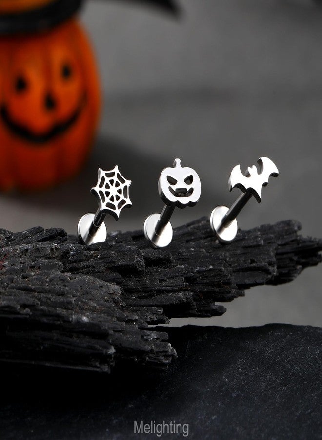 Melighting MeIighting 3PCS Bat Cartilage Earring 16G 8mm Halloween Helix Earring Internally Threaded Stainless Steel 316L Helix Stud Pumpkin Tragus Piercing Spider Web Flat Back Earring For Women - Image 3