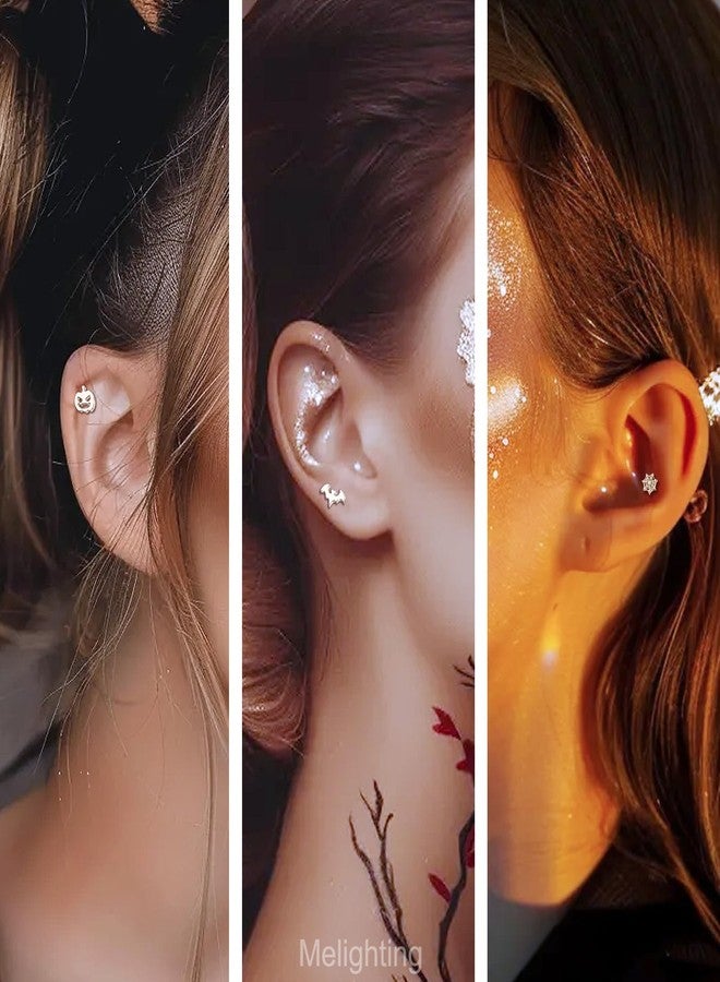 Melighting MeIighting 3PCS Bat Cartilage Earring 16G 8mm Halloween Helix Earring Internally Threaded Stainless Steel 316L Helix Stud Pumpkin Tragus Piercing Spider Web Flat Back Earring For Women - Image 5
