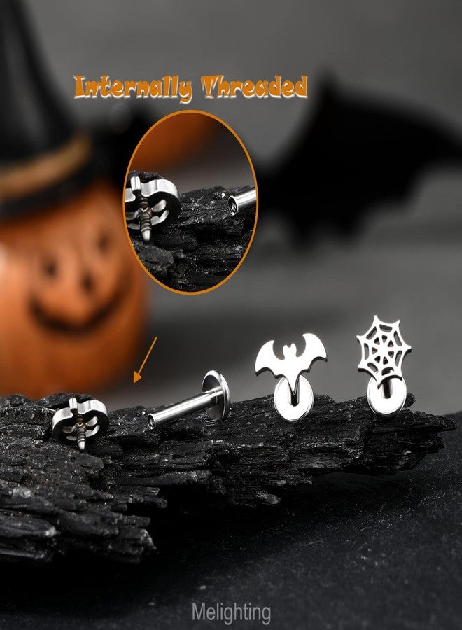 Melighting MeIighting 3PCS Bat Cartilage Earring 16G 8mm Halloween Helix Earring Internally Threaded Stainless Steel 316L Helix Stud Pumpkin Tragus Piercing Spider Web Flat Back Earring For Women - Image 4