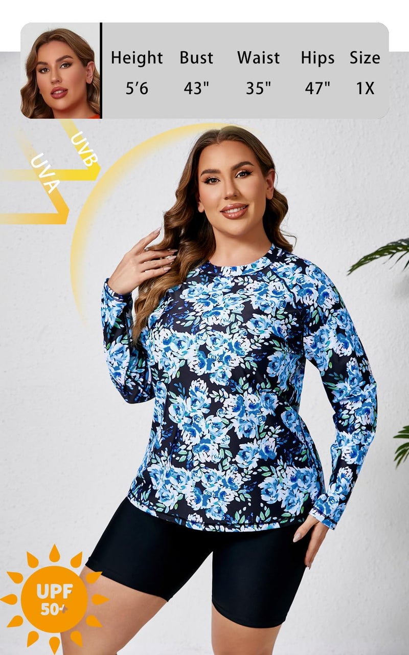 Halcurt Women Padded Bathing Suits Plus Size Rash Guard 2 Piece Sun Shirt and Swim Shorts Floral 1X - Image 4