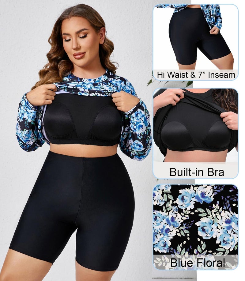 Halcurt Women Padded Bathing Suits Plus Size Rash Guard 2 Piece Sun Shirt and Swim Shorts Floral 1X - Image 5