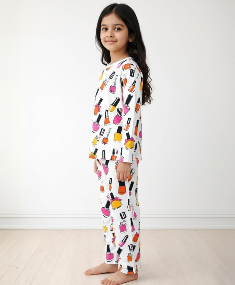 ANTHRILO Pajama T-Shirt Set for Girls | Kids Night Suit for Girls | Nightwear | 100% Cotton Pyjama Set Nail Paint Print White | Long Sleeve T-Shirt and Pajama | 8-9 Years - Image 4