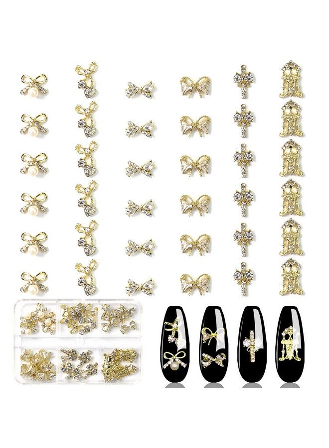 JERCLITY 30 Pieces 3D Luxury Alloy Gold Bow Nail Charms with Glitter Rhinestone Pearl Flat Back Cross Nail Charms Crown Bowknot Nail Charms Studs Nail Jewelry Accessories for Nail Art Decorations - Image 1