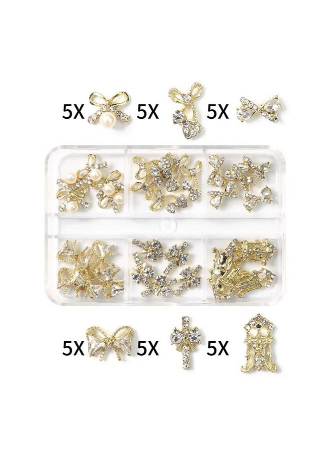 JERCLITY 30 Pieces 3D Luxury Alloy Gold Bow Nail Charms with Glitter Rhinestone Pearl Flat Back Cross Nail Charms Crown Bowknot Nail Charms Studs Nail Jewelry Accessories for Nail Art Decorations - Image 2