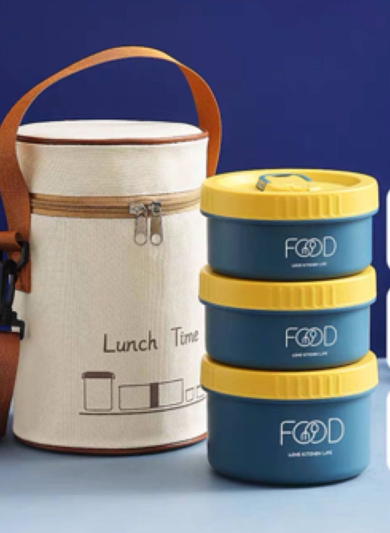 طقم لانش بوكس 3 قطع من الستانلس ستيل (470 مل × 2 600 مل) مع كيس معزول حراريا لون أزرق - Image 2