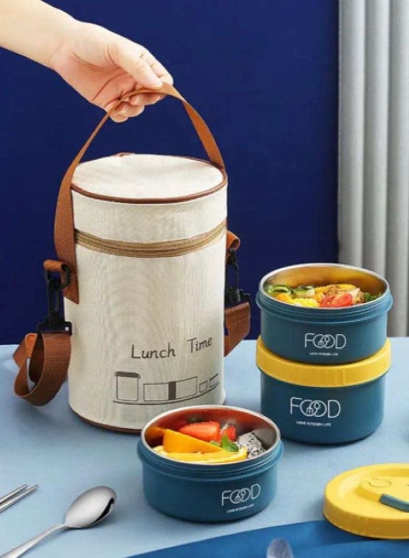 طقم لانش بوكس 3 قطع من الستانلس ستيل (470 مل × 2 600 مل) مع كيس معزول حراريا لون أزرق - Image 1