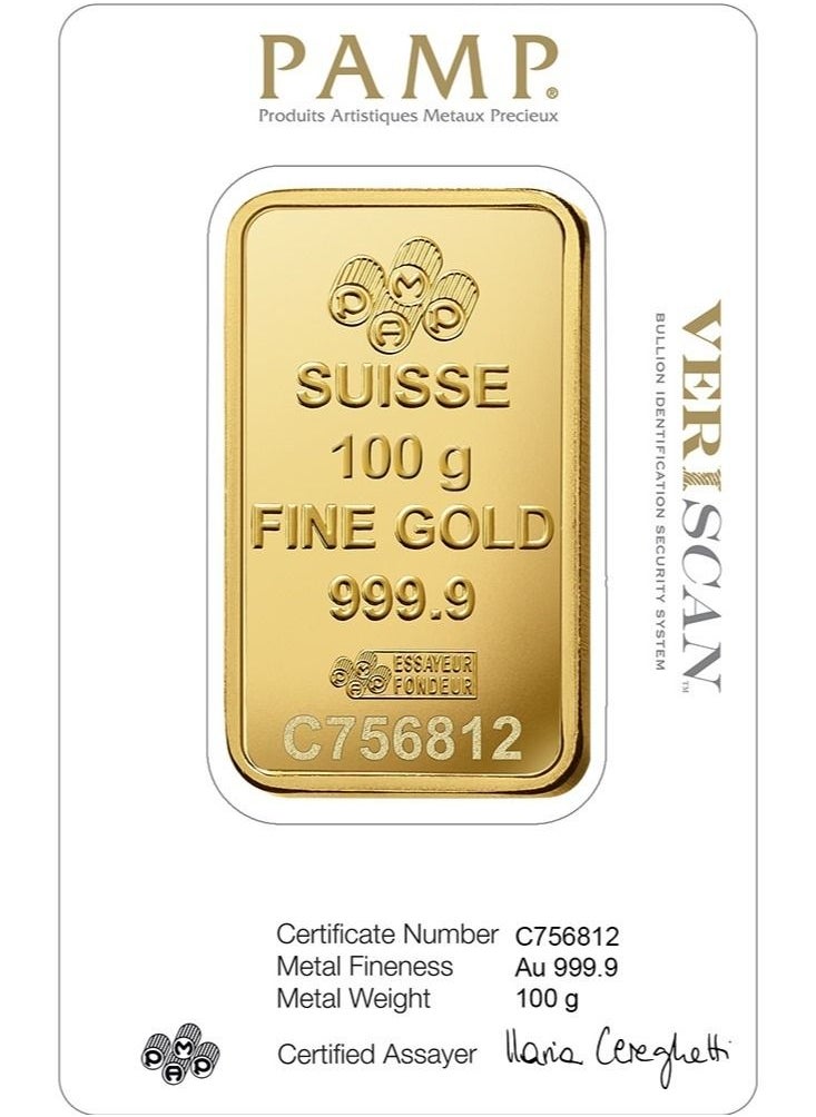 PAMP - Swiss Made 24K(999.9) Pamp 100g Gold Bar - Image 1