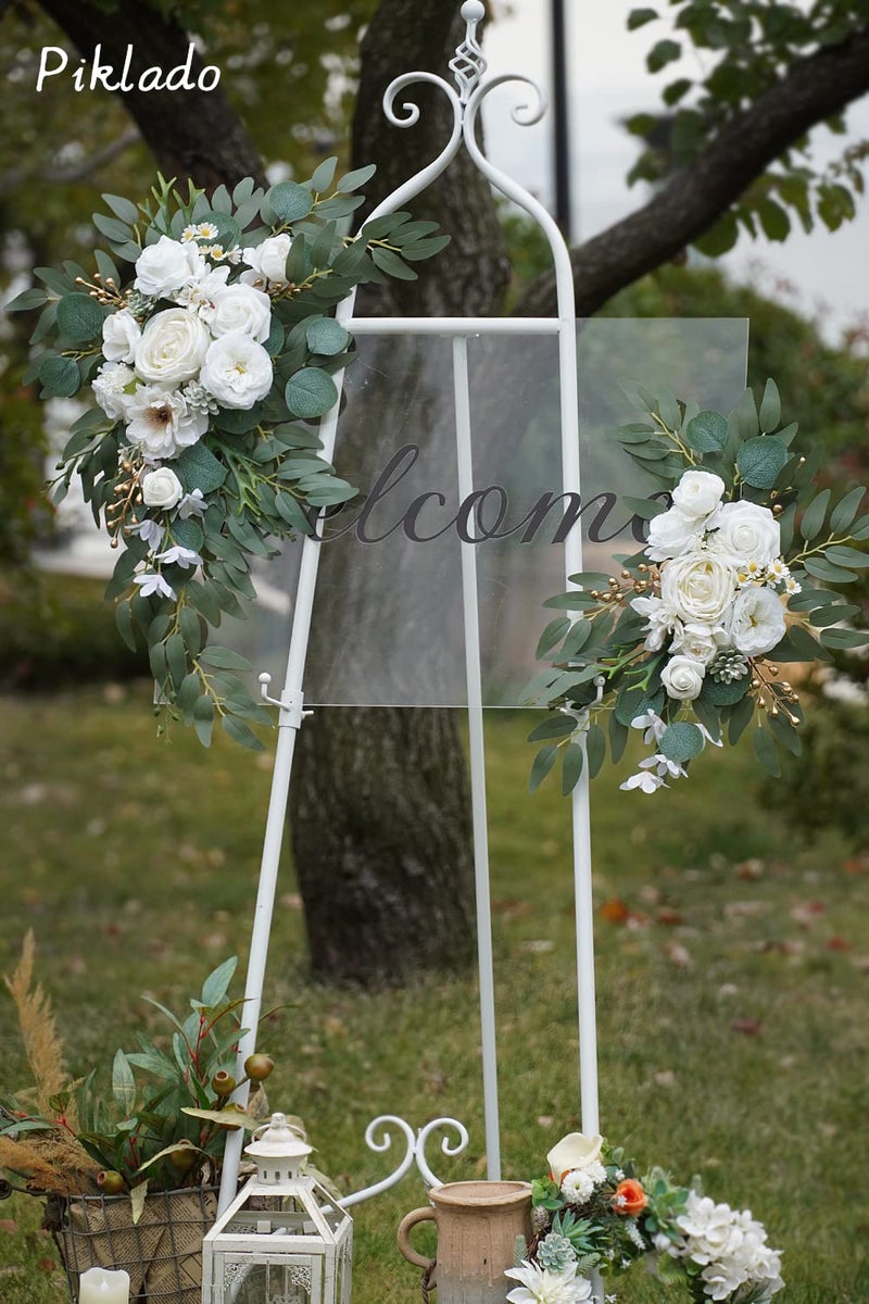 Piklado Faux Arch Flower Swag Set of 2 for Wedding Welcome Signs Floral Swag Wedding Reception Ceremony Signs Decor (White) - Image 3