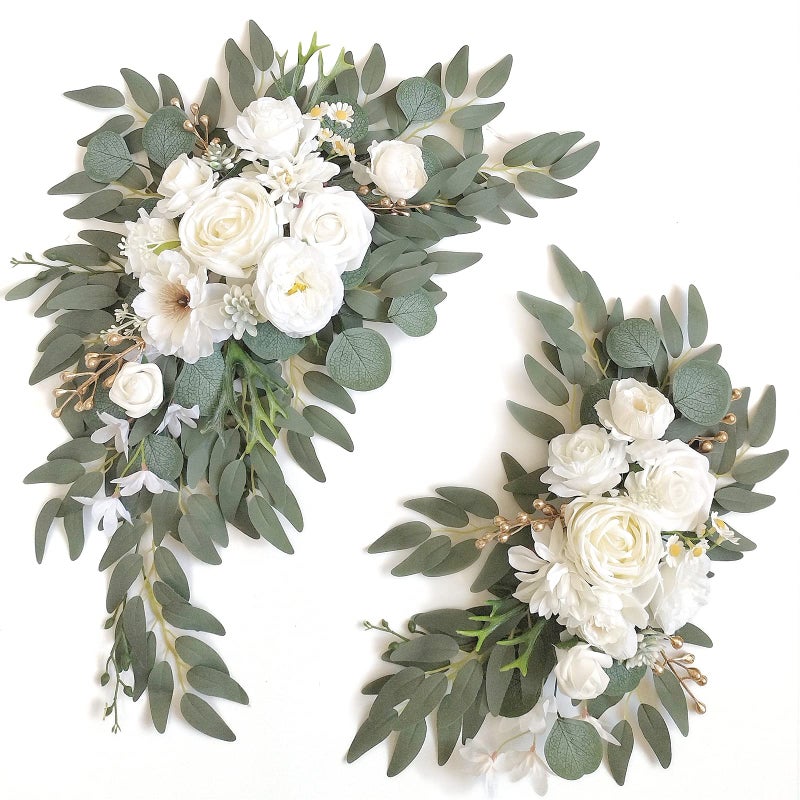 Piklado Faux Arch Flower Swag Set of 2 for Wedding Welcome Signs Floral Swag Wedding Reception Ceremony Signs Decor (White) - Image 1