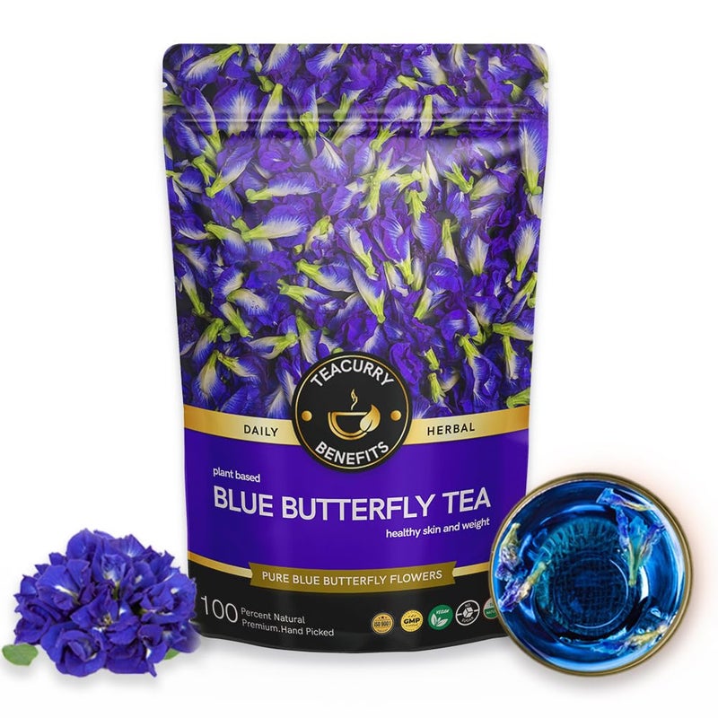 TEACURRY Blue Butterfly Pea Flower Tea- 10 Grams + 20 Drinks | Helps in Skin Glow, Hair Growth, Eyesight, Mood Enhance | Vegan | Imported from Indonesia - Image 1