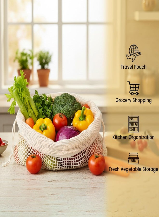 Wrapzy Cotton Vegetable Mesh Bag Pack of 6 - Reusable Eco-Friendly Grocery Bags with Drawstring, Breathable Net Storage for Fruits & Vegetables,Fridge Organizer, Washable Market Bags - Image 2