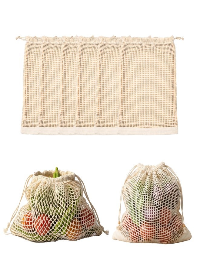Wrapzy Cotton Vegetable Mesh Bag Pack of 6 - Reusable Eco-Friendly Grocery Bags with Drawstring, Breathable Net Storage for Fruits & Vegetables,Fridge Organizer, Washable Market Bags - Image 1