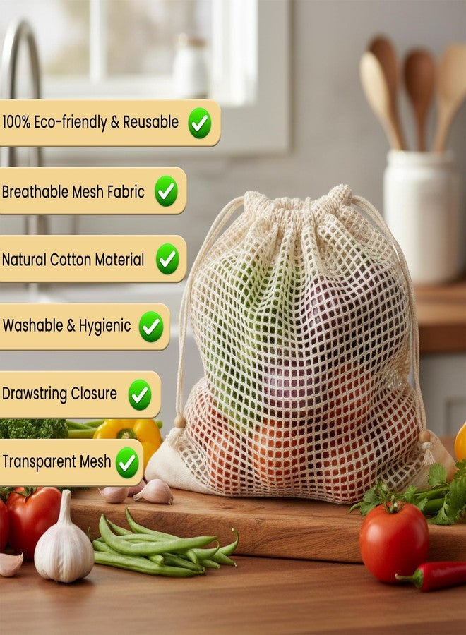 Wrapzy Cotton Vegetable Mesh Bag Pack of 6 - Reusable Eco-Friendly Grocery Bags with Drawstring, Breathable Net Storage for Fruits & Vegetables,Fridge Organizer, Washable Market Bags - Image 5