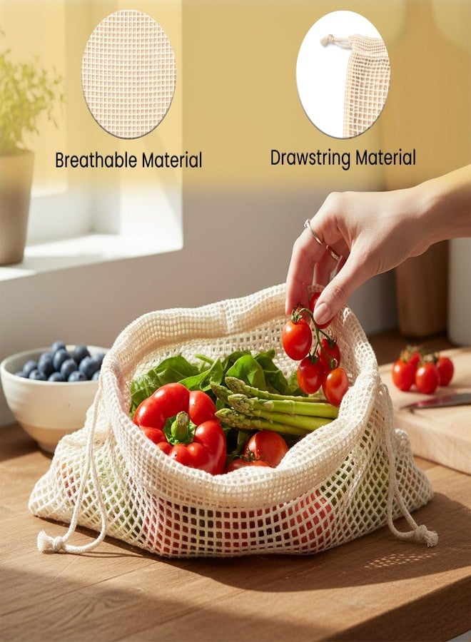 Wrapzy Cotton Vegetable Mesh Bag Pack of 6 - Reusable Eco-Friendly Grocery Bags with Drawstring, Breathable Net Storage for Fruits & Vegetables,Fridge Organizer, Washable Market Bags - Image 4