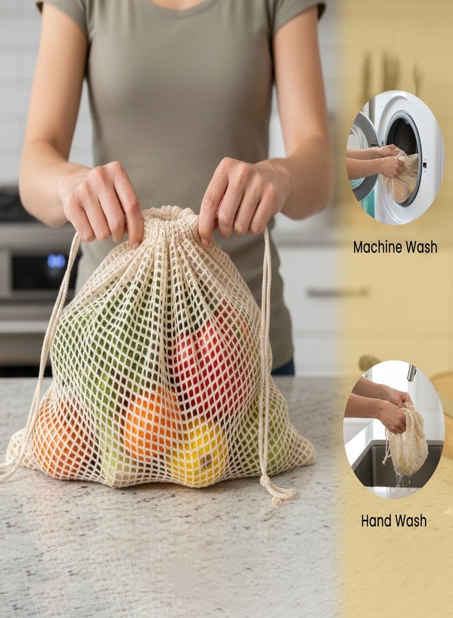 Wrapzy Cotton Vegetable Mesh Bag Pack of 6 - Reusable Eco-Friendly Grocery Bags with Drawstring, Breathable Net Storage for Fruits & Vegetables,Fridge Organizer, Washable Market Bags - Image 3