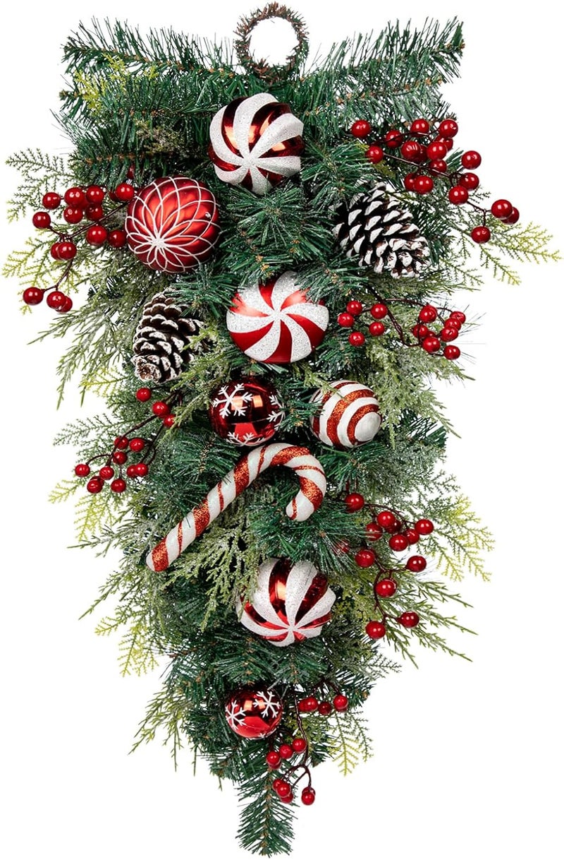 Arborus 30" Christmas Teardrop Swag for Front Door Artificial Winter Swag Garland with Pine Cones, Berry Clusters, Red Ball Ornaments and Ribbons for Thanksgiving Holiday Christmas Decoration - Image 1