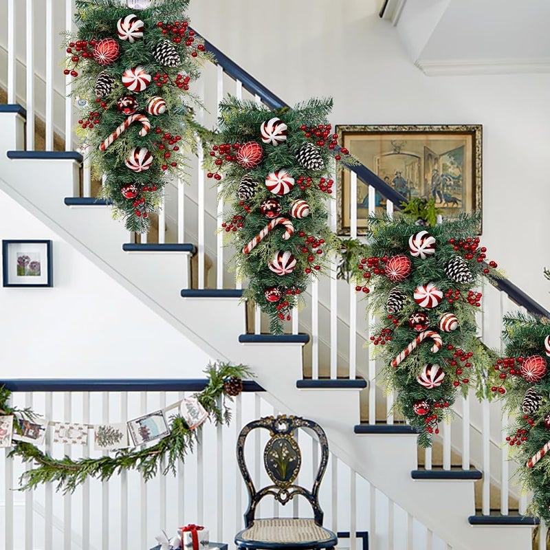 Arborus 30" Christmas Teardrop Swag for Front Door Artificial Winter Swag Garland with Pine Cones, Berry Clusters, Red Ball Ornaments and Ribbons for Thanksgiving Holiday Christmas Decoration - Image 5