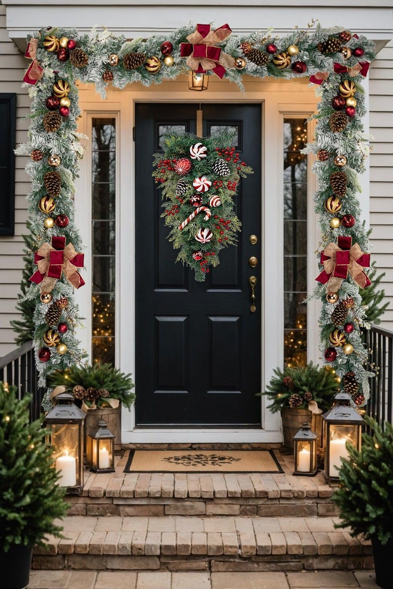 Arborus 30" Christmas Teardrop Swag for Front Door Artificial Winter Swag Garland with Pine Cones, Berry Clusters, Red Ball Ornaments and Ribbons for Thanksgiving Holiday Christmas Decoration - Image 4