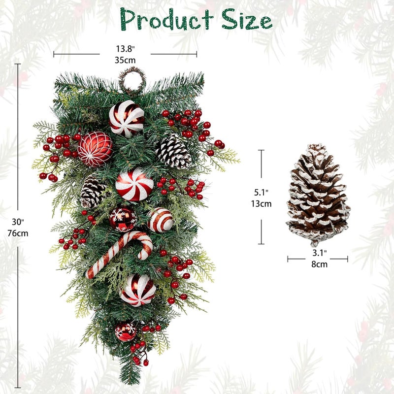 Arborus 30" Christmas Teardrop Swag for Front Door Artificial Winter Swag Garland with Pine Cones, Berry Clusters, Red Ball Ornaments and Ribbons for Thanksgiving Holiday Christmas Decoration - Image 2