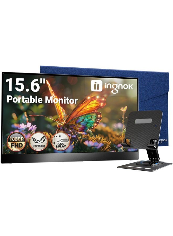 Ingnok شاشة OLKIEQZ المحمولة، 15.6 بوصة FHD 1080P IPS لتمديد شاشة اللابتوب مع تباين 1200:1، USB C HDMI وحامل قابل للتعديل، منفذ - Image 1