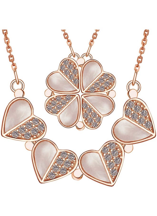 HS - Four Leaf Clover Chain Necklace For Women, Rose Gold Heart Lucky Love Crystal Pendant For Girl, Magnetic Diamond Charm Jewelry For Friend - Image 1