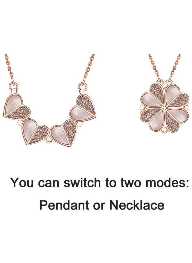 HS - Four Leaf Clover Chain Necklace For Women, Rose Gold Heart Lucky Love Crystal Pendant For Girl, Magnetic Diamond Charm Jewelry For Friend - Image 1
