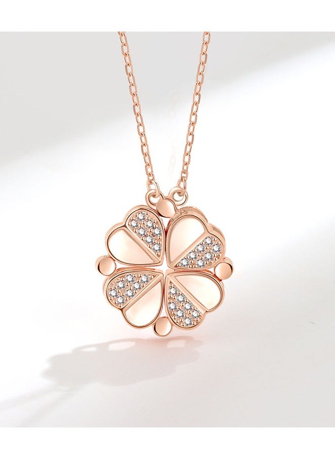 HS - Four Leaf Clover Chain Necklace For Women, Rose Gold Heart Lucky Love Crystal Pendant For Girl, Magnetic Diamond Charm Jewelry For Friend - Image 1