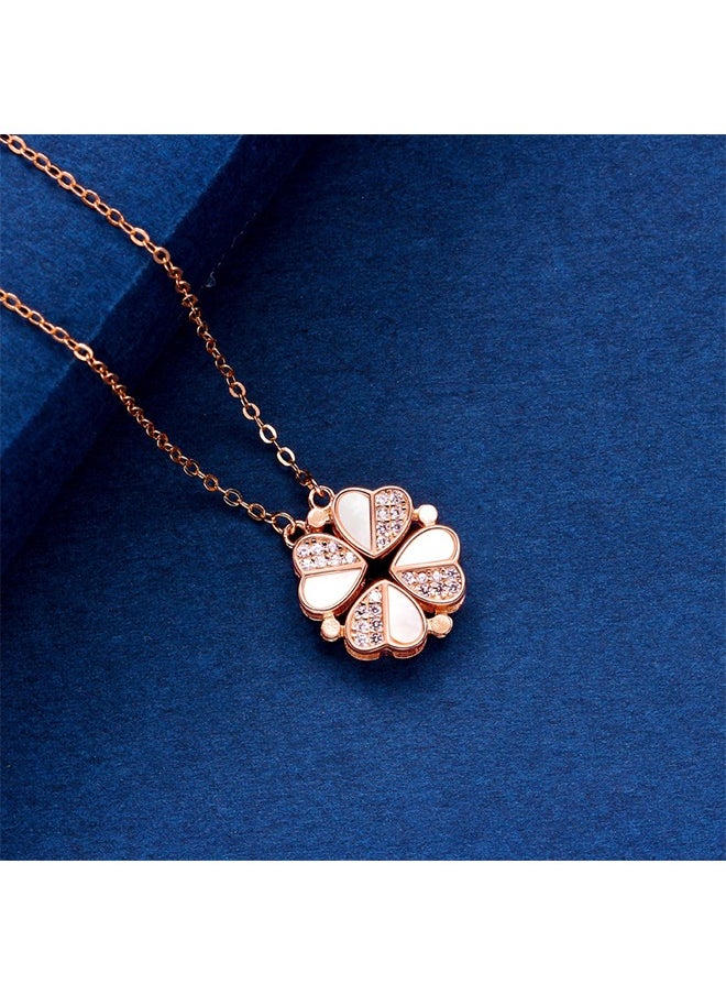 HS - Four Leaf Clover Chain Necklace For Women, Rose Gold Heart Lucky Love Crystal Pendant For Girl, Magnetic Diamond Charm Jewelry For Friend - Image 1