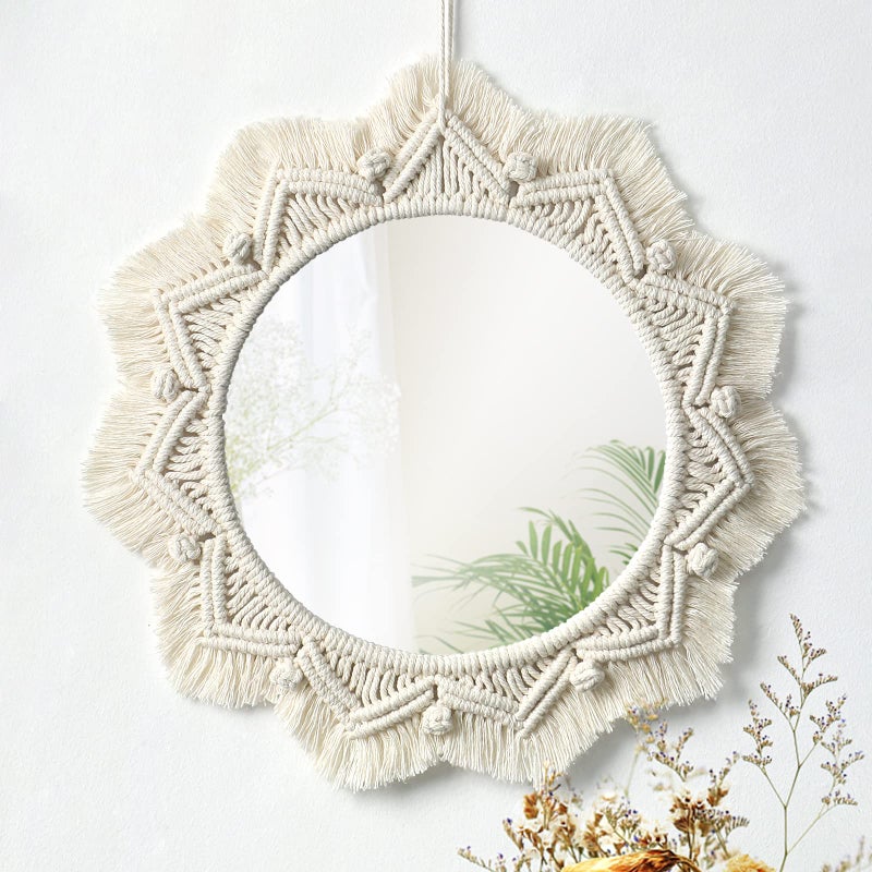 Dremisland Dremisland Macrame Wall Mirror15 Inch Round Mirror with Macrame Fringe Boho Decorative Hanging Mirror Wall Decor Art Ornament for Apartment Home Bedroom Living Room Baby Nursery Beige 