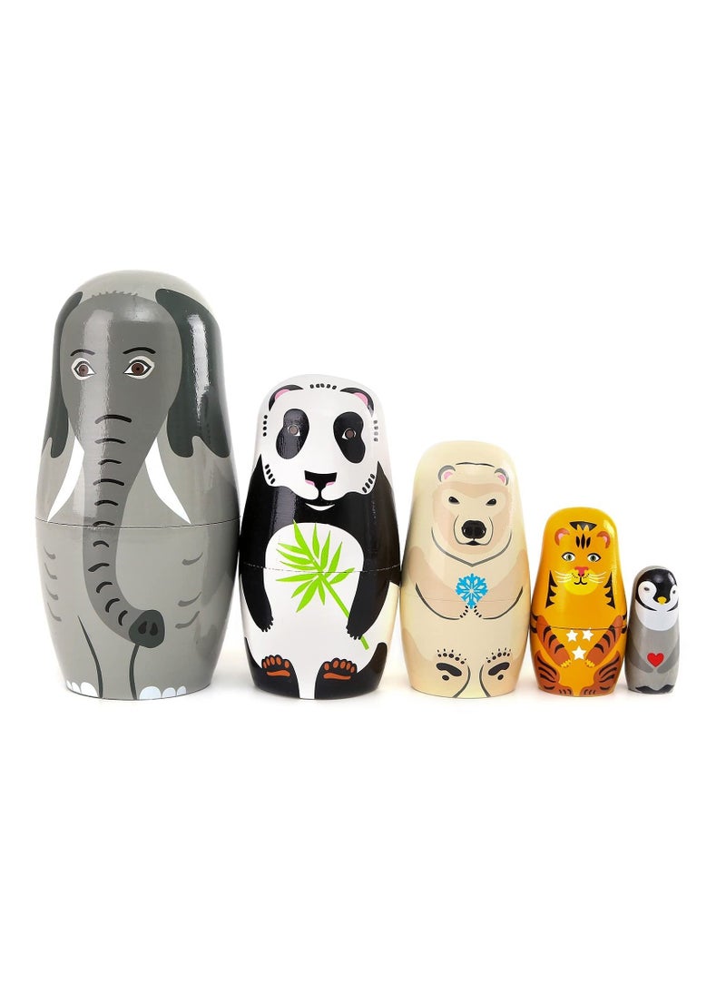 SYOSI 5pcs Beautiful Handmade Wooden Animal Nesting Dolls Elephant Panda Nesting Dolls Gift Russian Nesting Wishing Dolls Matryoshka Traditional  - Image 2