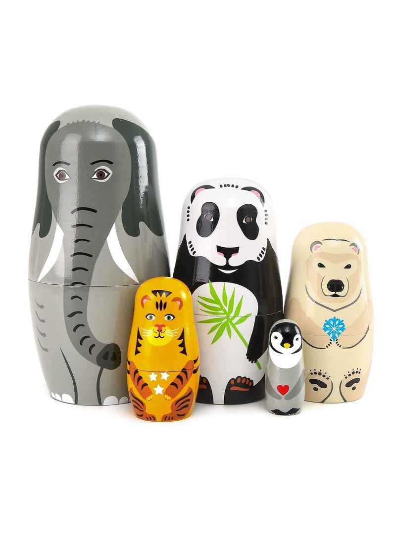 SYOSI 5pcs Beautiful Handmade Wooden Animal Nesting Dolls Elephant Panda Nesting Dolls Gift Russian Nesting Wishing Dolls Matryoshka Traditional  - Image 1
