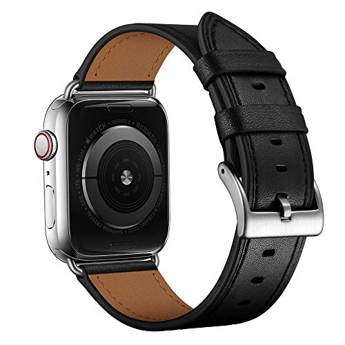 OUHENG Leather Bands Compatible with Apple Watch Band 45mm/49mm/44mm/46mm/42mm, Genuine Leather Strap Replacement for iWatch Series 11/10/9/8/7/6/5/4/3/2/1 & Ultra 3/2/1 & SE3 SE2 SE Men Black Silver - Image 1