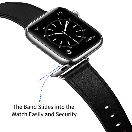 OUHENG Leather Bands Compatible with Apple Watch Band 45mm/49mm/44mm/46mm/42mm, Genuine Leather Strap Replacement for iWatch Series 11/10/9/8/7/6/5/4/3/2/1 & Ultra 3/2/1 & SE3 SE2 SE Men Black Silver - Image 3