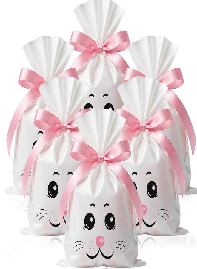 Tenare 100 Pcs Cellophane Treat Bags with Tie Ribbon, 6 x 9 Inch Plastic Gift Candy Bag 25 Yards Ribbon for Goodie Cookies Party Favor Supplies (White Bunny - Image 1
