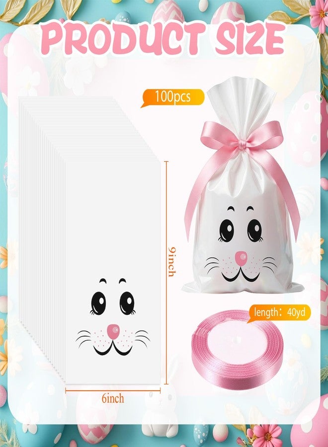 Tenare 100 Pcs Cellophane Treat Bags with Tie Ribbon, 6 x 9 Inch Plastic Gift Candy Bag 25 Yards Ribbon for Goodie Cookies Party Favor Supplies (White Bunny - Image 2