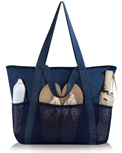 HOMESPON Beach Bag Large Waterproof Sandproof Foldable Tote for Women with Zipper and Mesh Pockets for Pool Cruise Travel Everyday Navy - Image 1