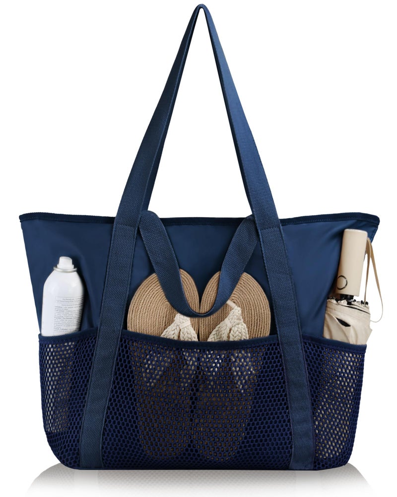 HOMESPON Beach Bag Large Waterproof Sandproof Foldable Tote for Women with Zipper and Mesh Pockets for Pool Cruise Travel Everyday Navy - Image 2