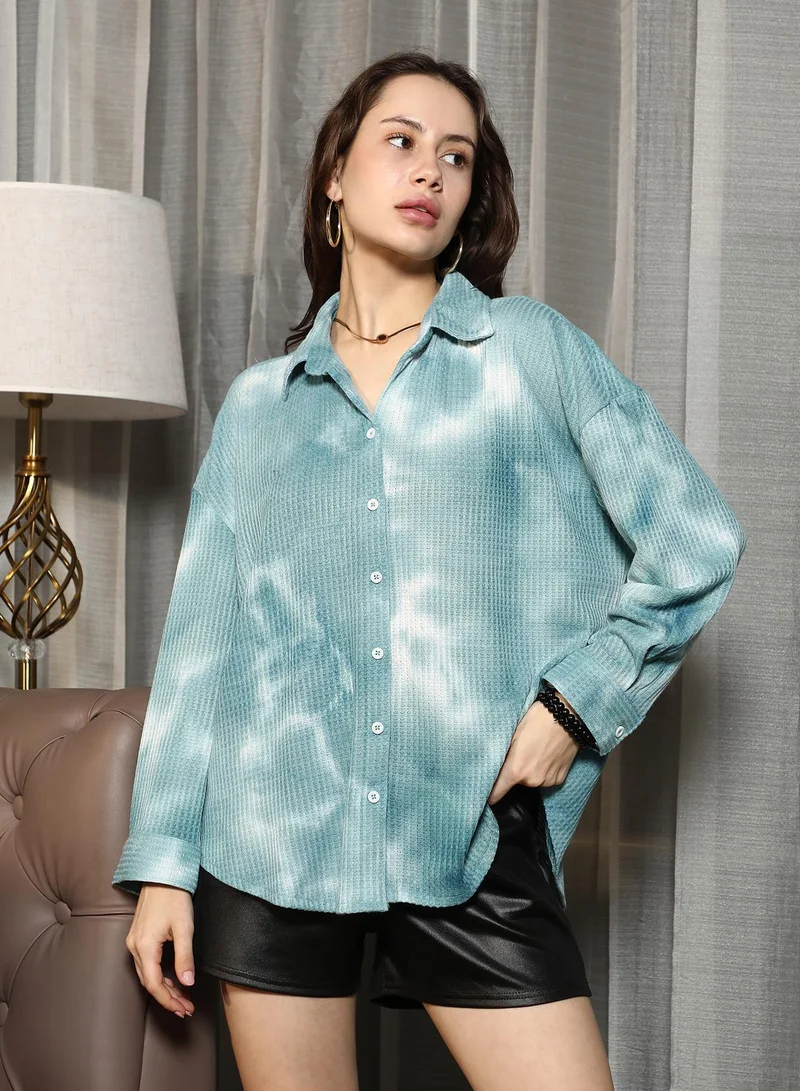 Pinacolada Women's Aqua Blue Tie-Dye Knitted Oversized Shirt Women's Aqua Blue Tie-Dye Knitted Oversized Shirt for Women | Best Price UAE