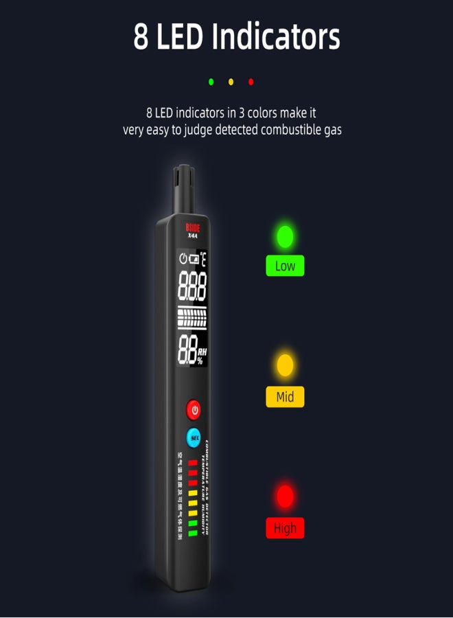 بي سايد جهاز كشف تسرب الغازات الطبيعية المحمول متعدد الوظائف BSIDE X4A، مؤشر إنذار سريع الاستجابة للغازات القابلة للاشتعال، إنذار ضوئي بثلاثة ألوان، قياس درجة الحرارة والرطوبة مع التخزين - Image 4