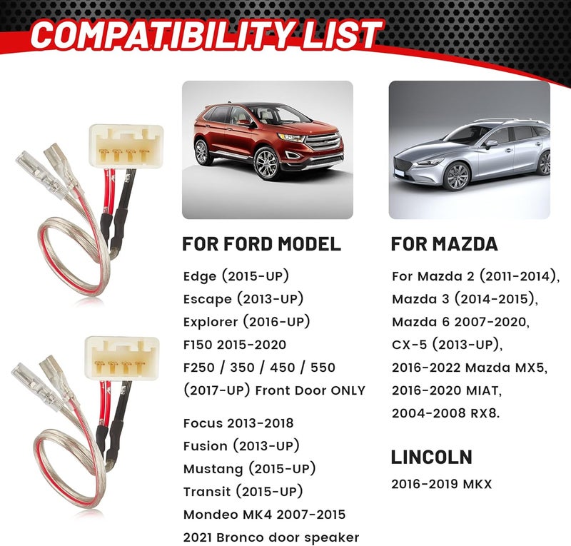 RED WOLF Car Door Speaker Wiring Harness Connector for 2011-2021 Ford F150 Escape Focus Bronco Mustang Mazda 2 6 CX5 Replace Aftermarket Speaker Wire Cable Plug, 2 PCS - Image 2
