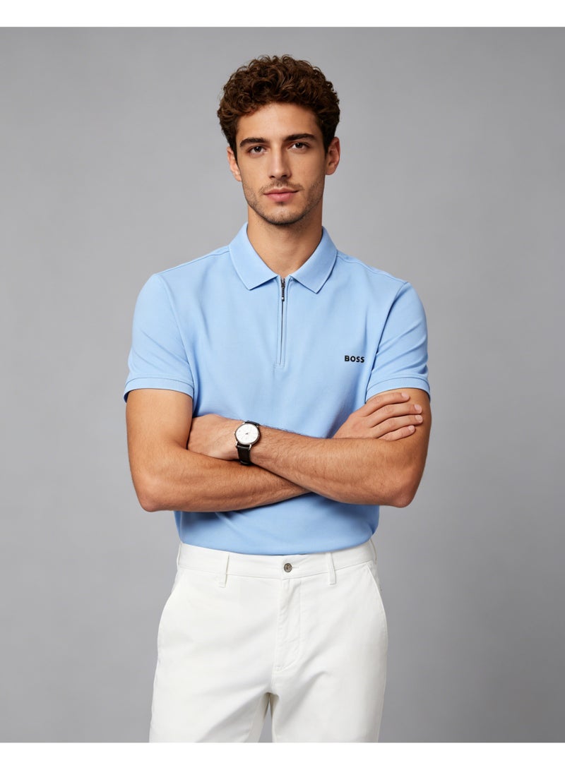 BOSS Men Half Zip Collar Short Sleeve Polo Shirt Summer Casual Everyday Top Light Sky Blue - Image 4