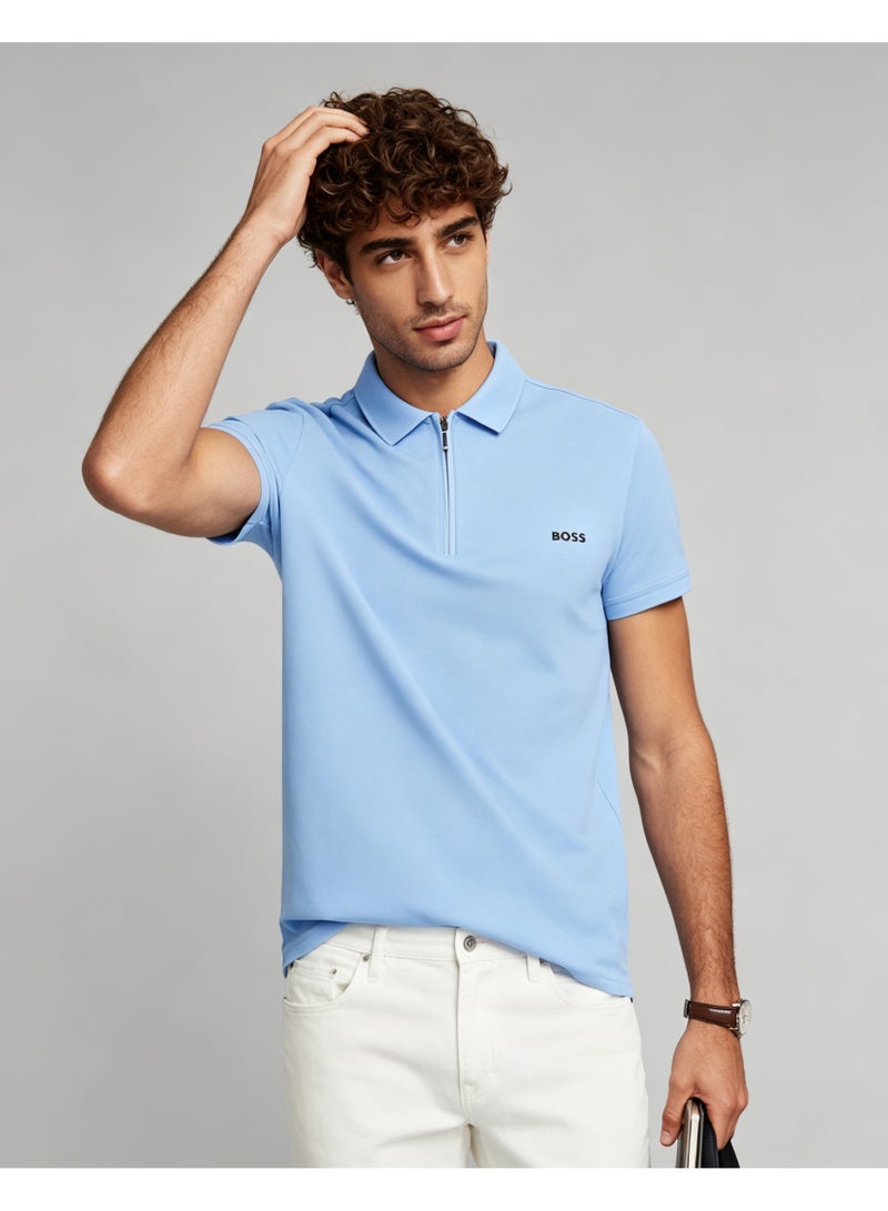BOSS Men Half Zip Collar Short Sleeve Polo Shirt Summer Casual Everyday Top Light Sky Blue - Image 5