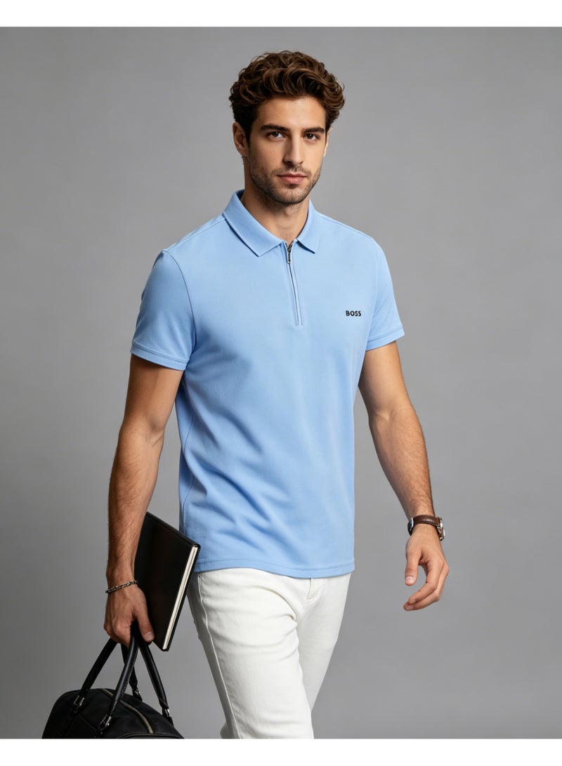BOSS Men Half Zip Collar Short Sleeve Polo Shirt Summer Casual Everyday Top Light Sky Blue - Image 2