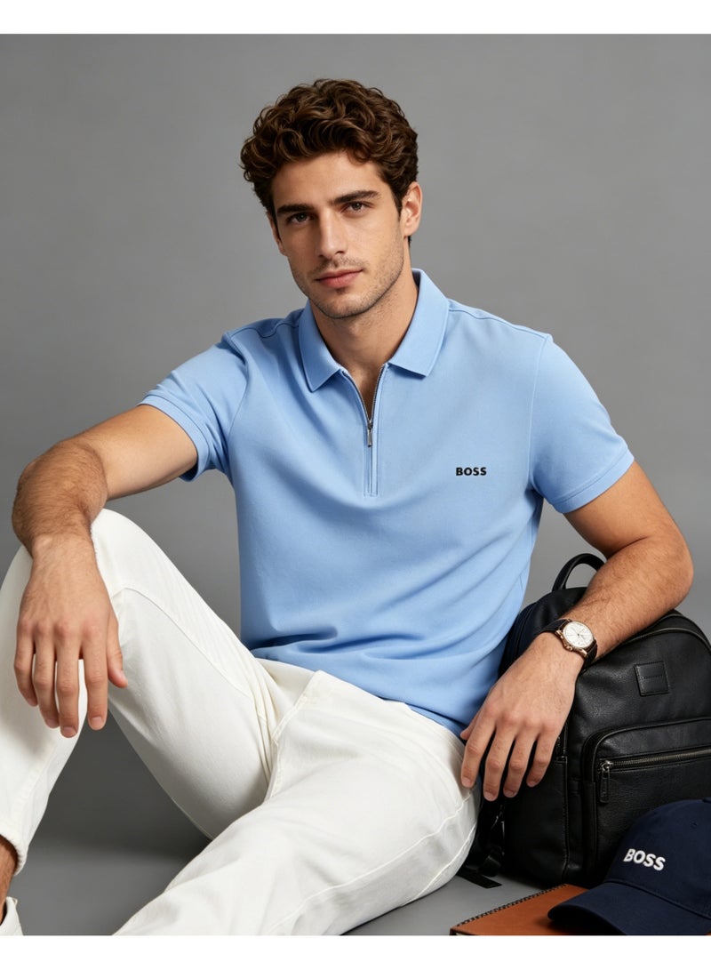 BOSS Men Half Zip Collar Short Sleeve Polo Shirt Summer Casual Everyday Top Light Sky Blue - Image 3