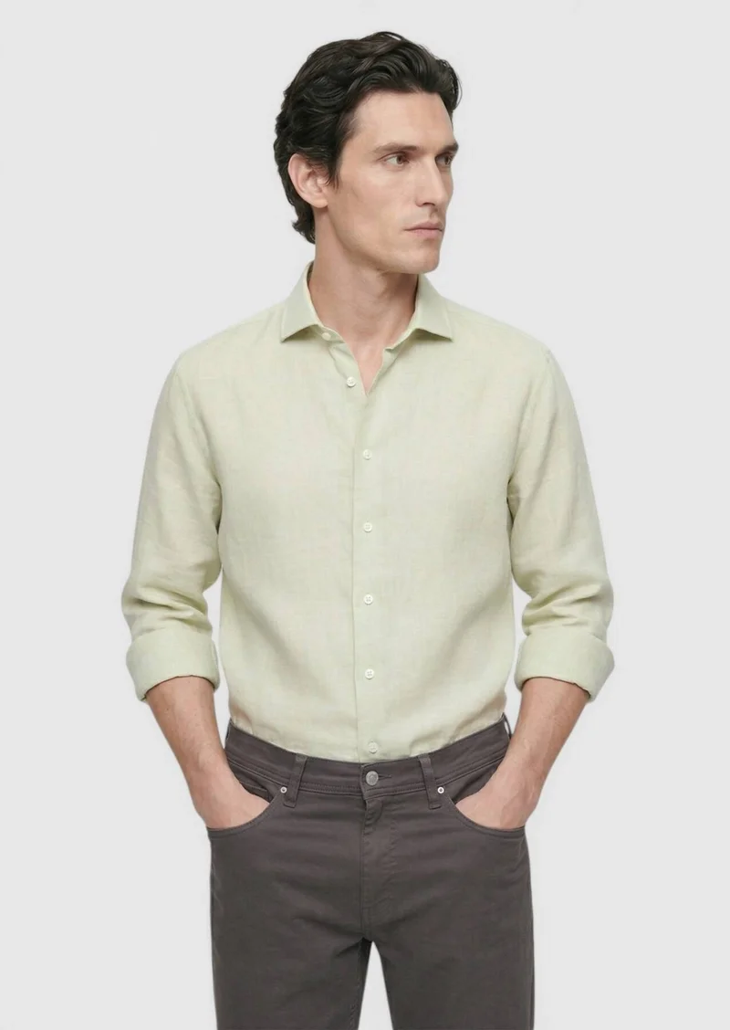 RAMSEY Light Green Plain Regular Fit Long Weaving Casual Cotton Blended Shirt