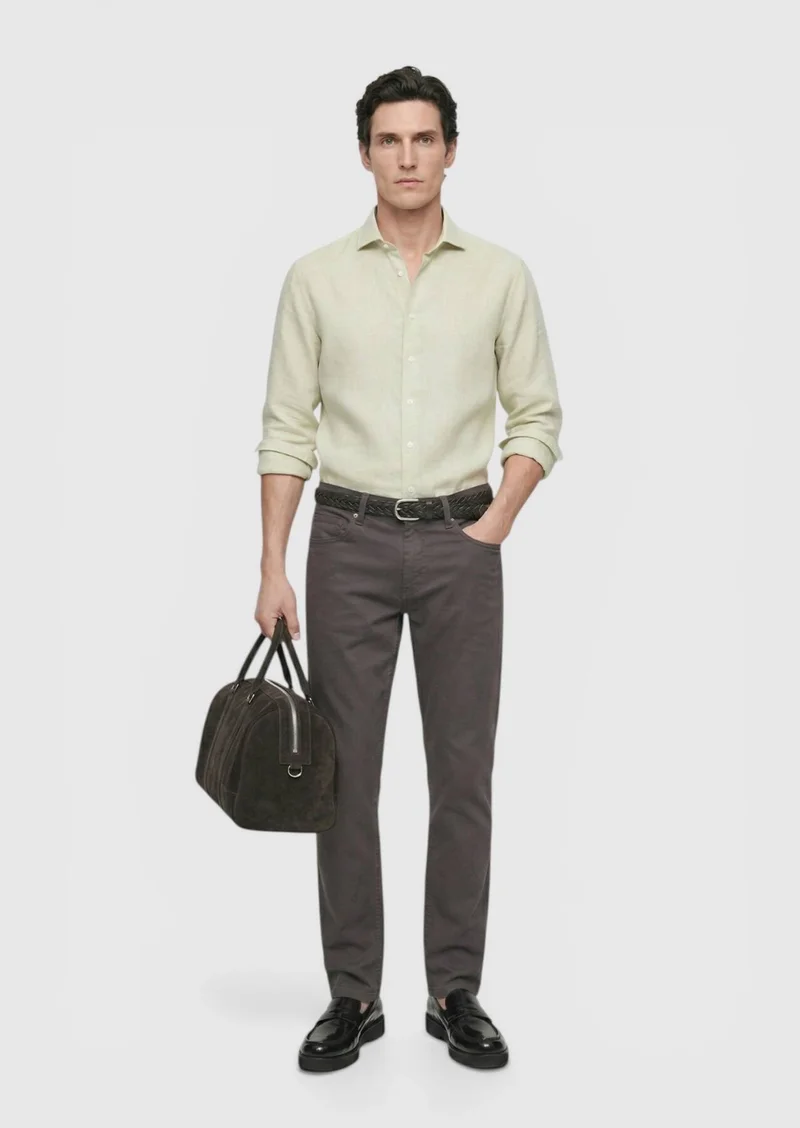 RAMSEY Light Green Plain Regular Fit Long Weaving Casual Cotton Blended Shirt