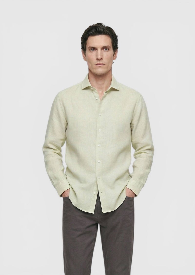 RAMSEY Light Green Plain Regular Fit Long Weaving Casual Cotton Blended Shirt - Image 4