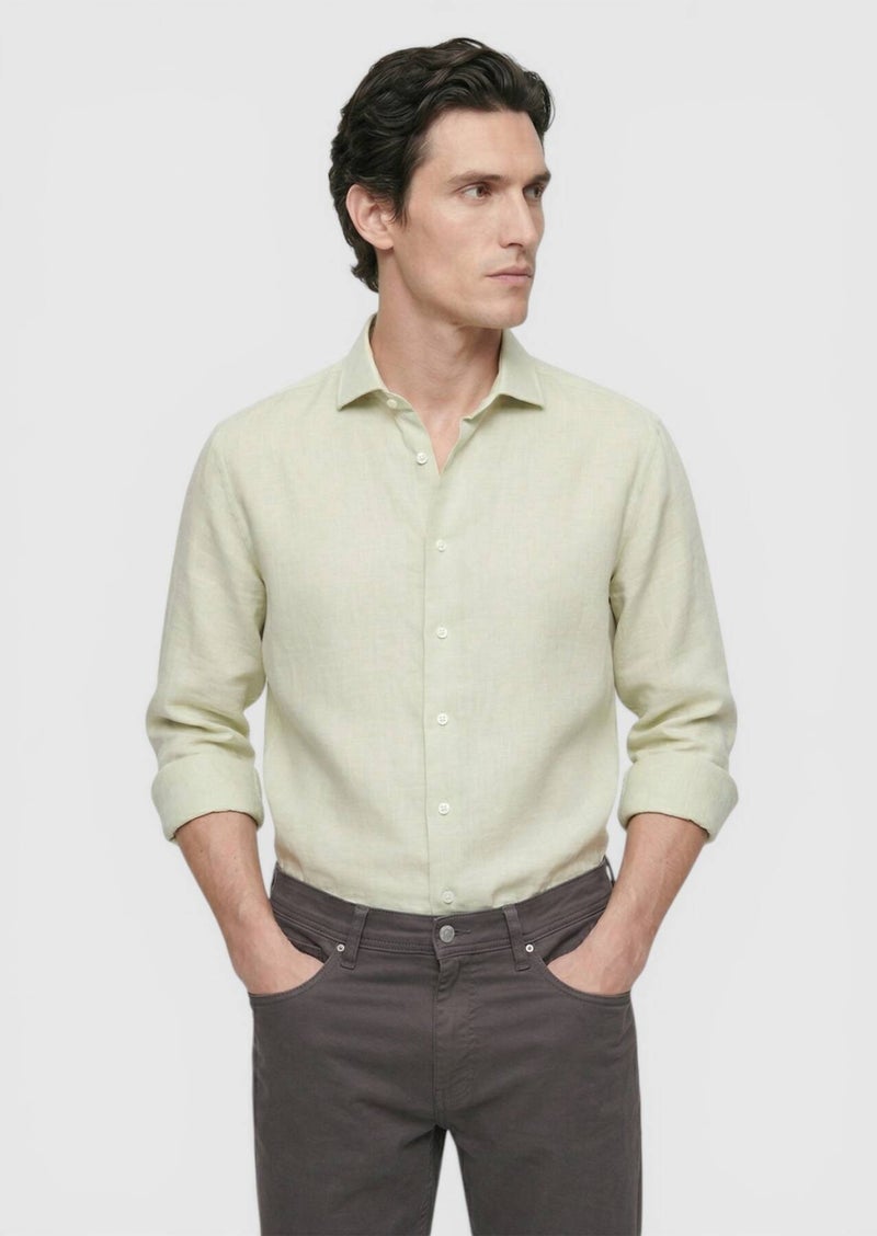 RAMSEY Light Green Plain Regular Fit Long Weaving Casual Cotton Blended Shirt - Image 1