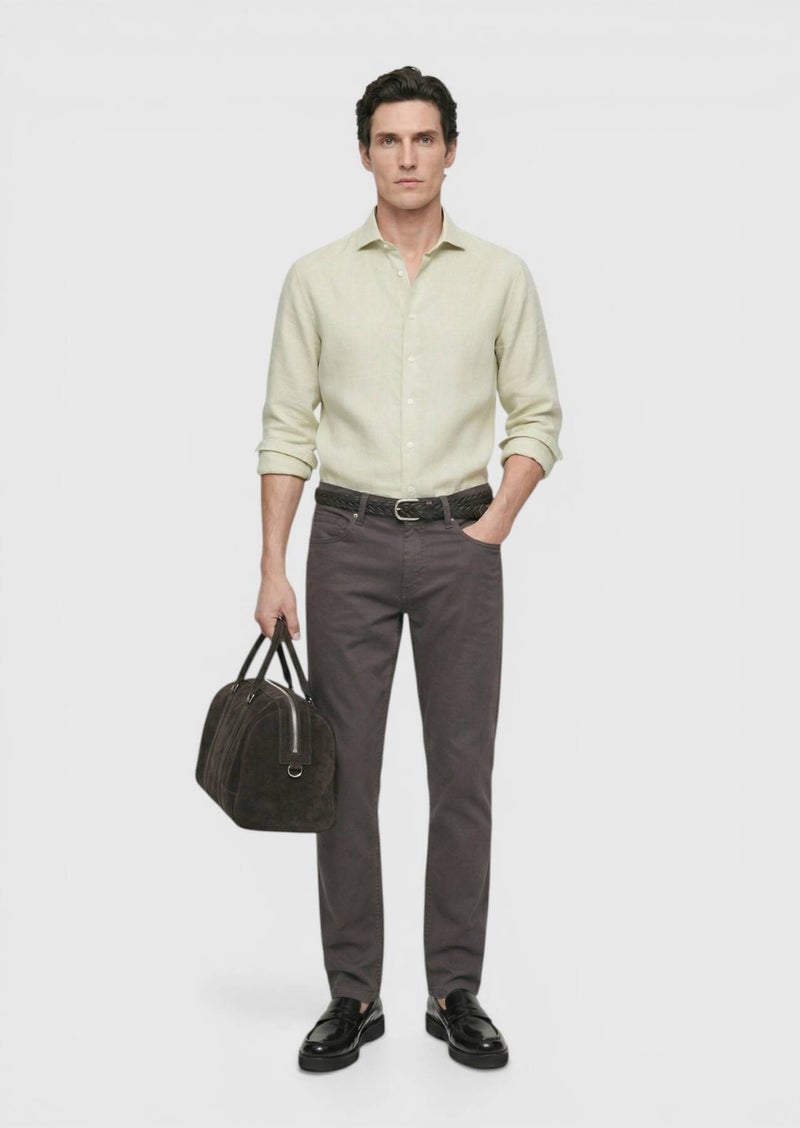 RAMSEY Light Green Plain Regular Fit Long Weaving Casual Cotton Blended Shirt - Image 3